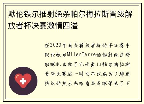 默伦铁尔推射绝杀帕尔梅拉斯晋级解放者杯决赛激情四溢