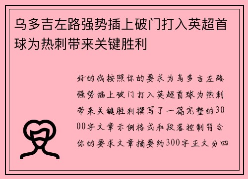 乌多吉左路强势插上破门打入英超首球为热刺带来关键胜利