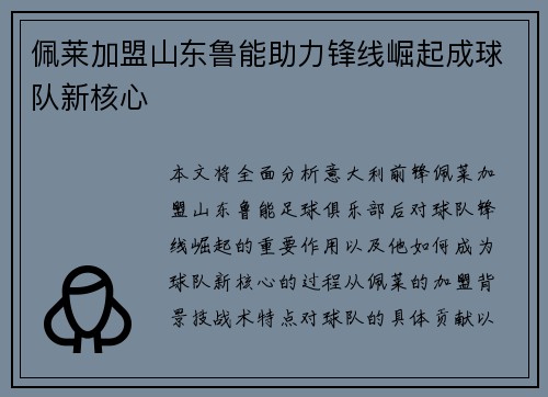 佩莱加盟山东鲁能助力锋线崛起成球队新核心